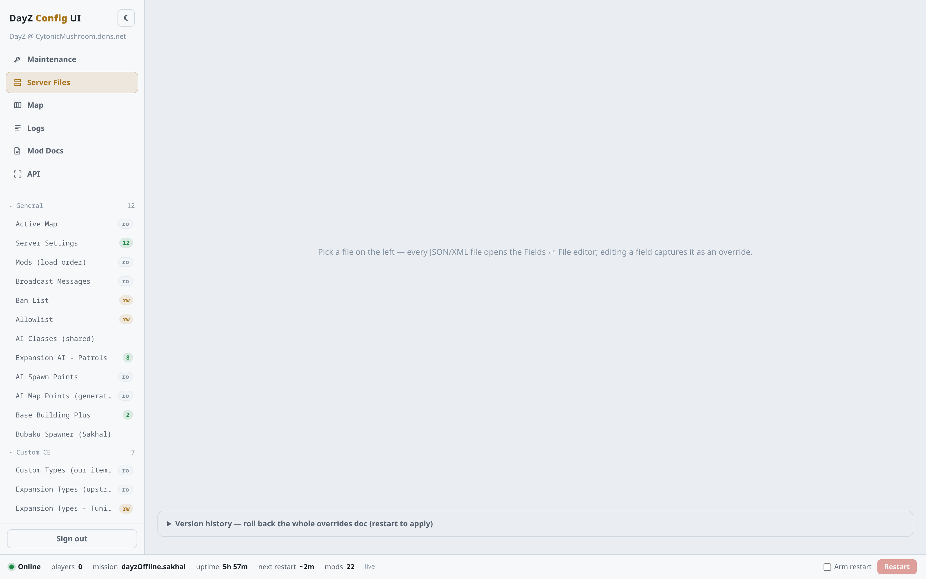 The Server Files tab - the config tree with read-only and writable badges