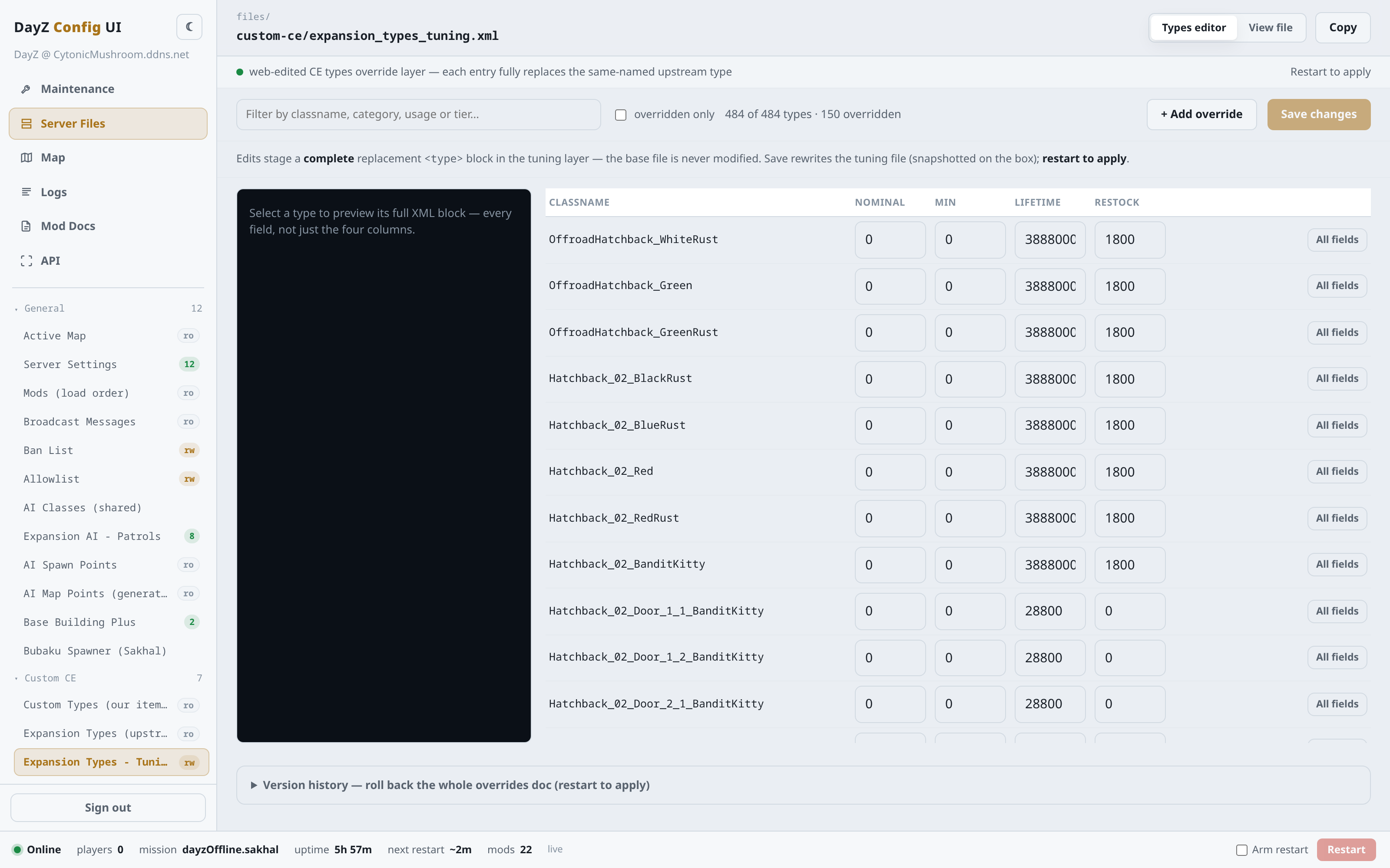 The loot types editor - the table of classnames with Nominal, Min, Lifetime, Restock